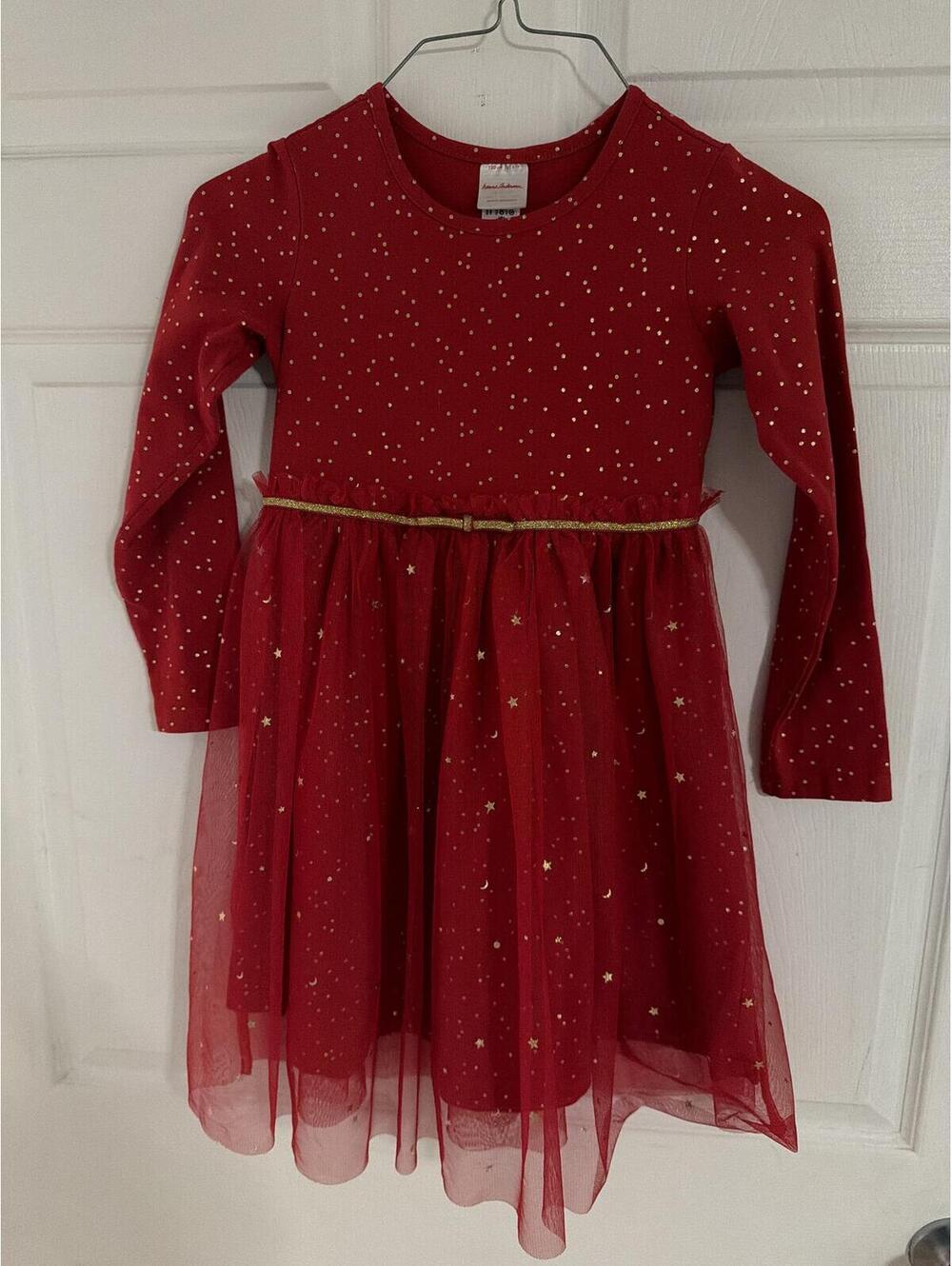Hanna Andersson Red Long Sleeve Dress with Gold Star Print and Belt